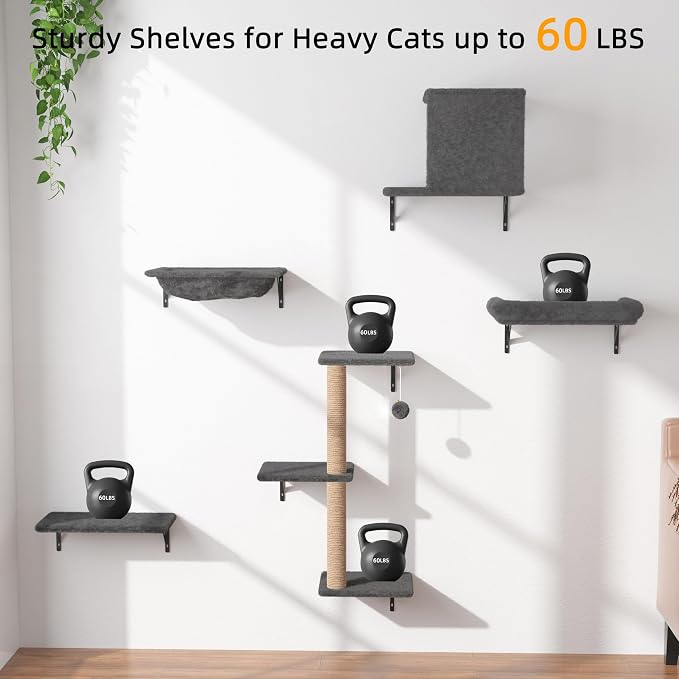 Cat Wall Shelves 5-Piece Set,Cat Walls Furniture for Indoor Large Cats Includes Bed, Cave, Scratching Post, Hammock, Space Saving Floating Shelves (Dark Gray) - Image 8