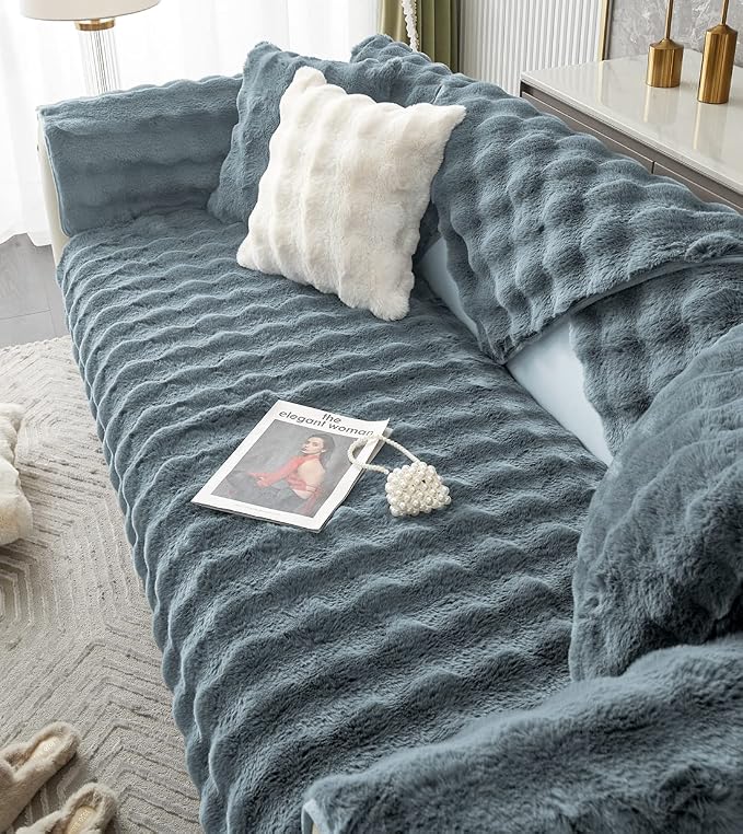 Faux Fur Couch Covers for Sofa Thick Fuzzy Sofa Covers for Dogs | Soft Warm Couch Cover Shaggy Fuzzy Sectional Sofa Cover Non-Slip Plush Sofa Slipcover Furniture Protector - Image 5