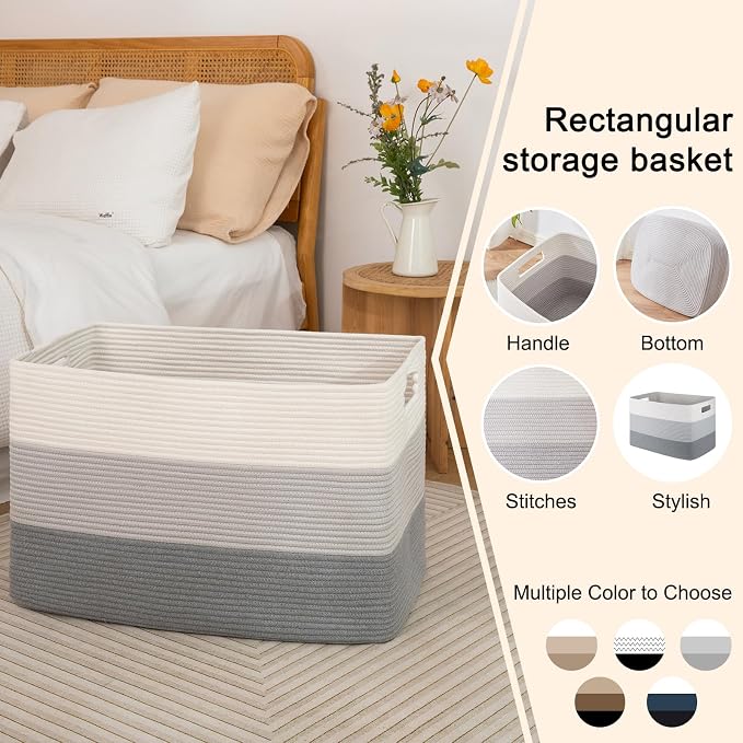 OIAHOMY Blanket Basket Laundry Basket Dog Toy Basket 108L Gradient Grey | Large Storage Basket,Baby Basket,Toy Storage,Woven Rope Basket for Blankets,Blanket Storage for Living Room - Image 5
