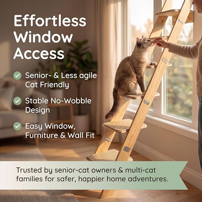 65" Tall 6-Level Cat Ladder for Window & wall | Fits Cats up to 20 lbs |Senior & Less Agile cat Stairs for Window with 55° Gentle Incline | Requires 43" Floor Clearance | No-Drill Glass Installation - Image 8