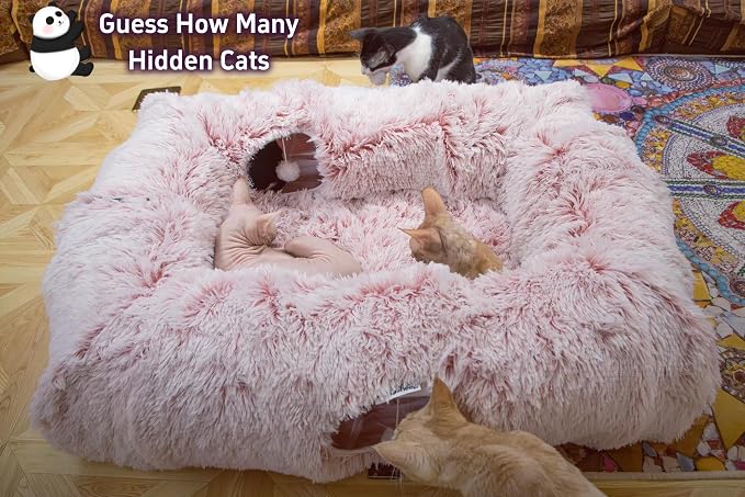 XxingSheep 4-Cave Plush XL Cat Tunnel Bed Indoor Cats Peekaboo Toy Mat Pink | Plush XL Cat Tunnel Bed, 4-Cave Peekaboo Toy, Cozy Donut Mat for All Cats - Image 2