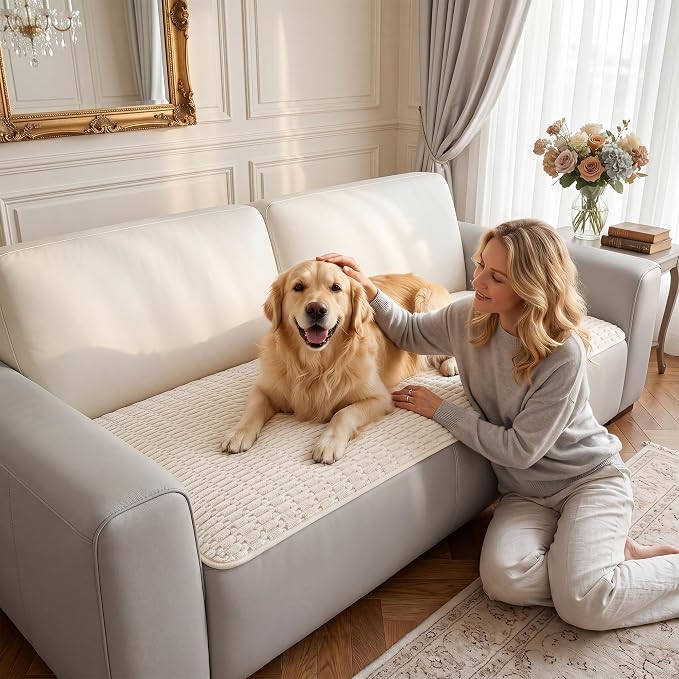 Foxdecor Couch Cover for Dogs Sofa Covers Non Slip Couch Pad Pet Friendly | Pet Couch Covers Washable Sofa Protector, Furniture Cover Couch Seat Protector for Living Room, Cream 32x53 Inch - Image 2