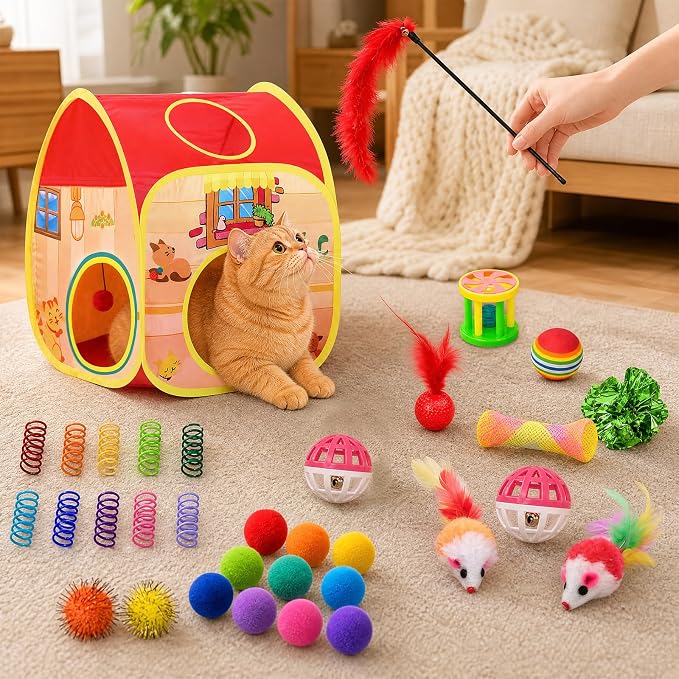 AILUKI 33PCS Cat Toys Variety Pack for Indoor Cats, Kitten Toys Cat Tunnel | Kitten Toys for Indoor Kittens Cat Toy Bundle Set with Feather Teaser Wand, Springs Balls Bell Mice & Interactive Cat Toys - Image 7