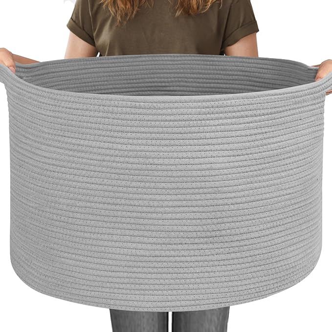 MEGASKET 115L Super Large Gray Blanket Basket, 23.6"x15.7" Woven Cotton Rope Storage Basket for Laundry, Towel, Pillow, Oversized Kids Dog Toy Storage Bin, Grey XXXL Blanket Holder for Living Room by MEGASKET