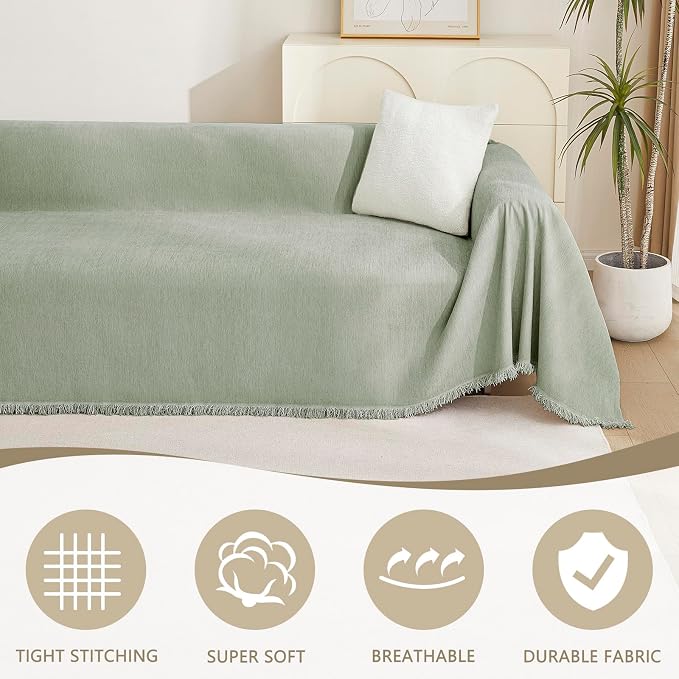 MYSKY HOME Sectional Couch Cover Blanket Living Room Furniture Protector for Pets, Farmhouse Home Decor Sofa Covers Tassel Chenielle Sofa Slipcover Soft Throw Couch for Dogs,71" X 118", Sage Green - Image 2