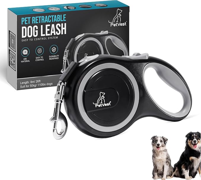 Retractable Dog Leash – Extendable up to 26 FT, Heavy Duty Nylon Tape, No-Tangle, One-Handed Brake & Lock, for Small to X-Large Dogs up to 110 lbs (Black) by PetVest