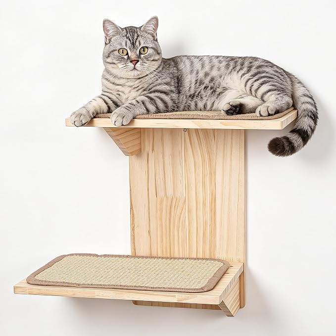 Cat Wall Shelves, 2 Platform Cats Walls Furniture, Tree Shape Kitten Floating Shelf with Sisal Mat Perch, Solid Pine Wood, Suitable for Climb, Play, Nap by Famifit