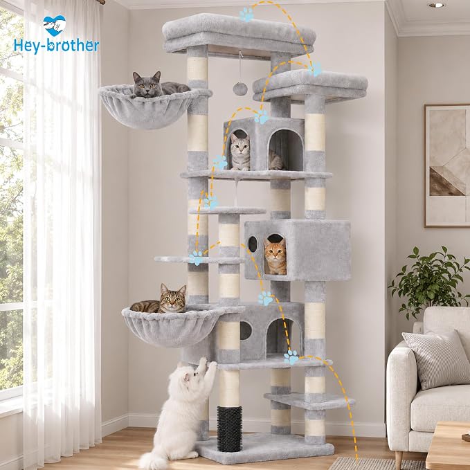 Hey-brother Cat Tree, Multi-Level Tower with 3 Condos, Hairbrush, MPJ035-MW | 74 Inches XL Large Scratching Posts for Indoor Cats and Kittens, 2 Wide Platforms, 2 Plush Baskets, Toy Balls, Light Gray - Image 7