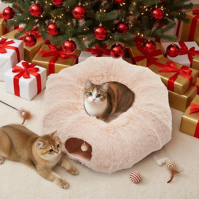 DUMOS Cat Tunnel Bed for Indoor Cats, Cave Donut Play Tunnel, Cream White | Soft Plush Peekaboo, Washable Circle Cushion, Multifunctional Playground Under Tree Toys for Kittens, Puppy, Rabbit, Ferret - Image 7