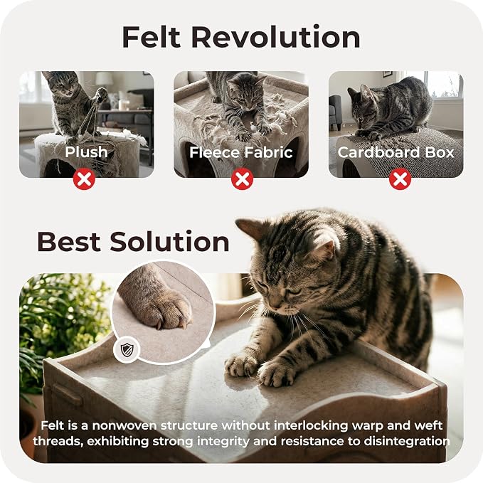 Cat Bed Cave for Indoor Cats: New Felt Cat Bed with Fluffy Ball Hanging, Foldable Cat House with Scratch-Resistant Board, Hideaway Cat Cave for Timid Cats, Sturdy Two-Tier Cat Condo - Gray - Image 3
