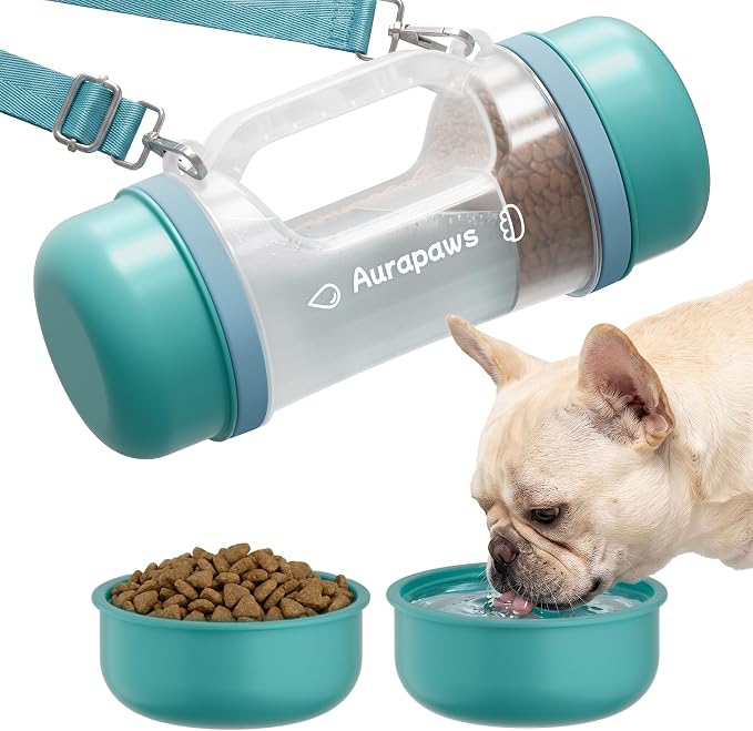 20.3oz Dog Water Bottle Portable with Food Container & 2 Bowls | Feeding & Hydration, 8.5oz Food Storage, 8.5oz Travel Water Bowl, 4.2oz Food Bowl, Portable Pet Dispenser for Hiking Camping by Aurapaws