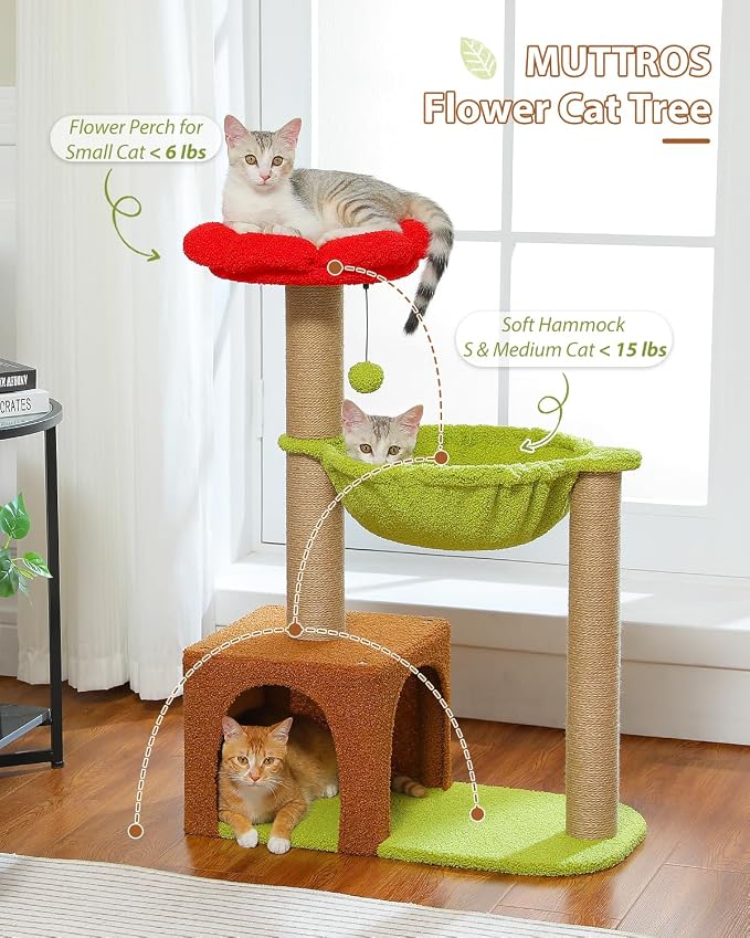 35" Flower Cat Tree for Kittens with Hammock & Sisal Posts, Brown | Flower-shaped top perch, Metal frame hammock, Sisal scratching posts, Cozy pink condo, Sturdy stable base, For small cats - Image 2