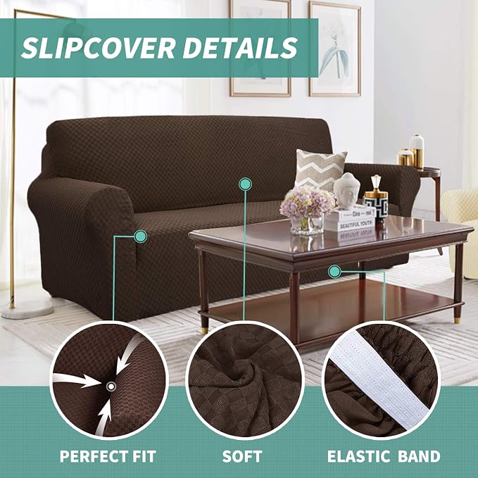 YEMYHOM Couch Cover Latest Jacquard Design High Stretch Sofa Covers for 3 Cushion Couch, Pet Dog Cat Proof Slipcover Non Slip Magic Elastic Furniture Protector (Large, Dark Coffee) - Image 3