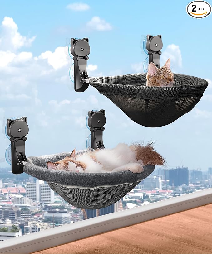 2 Pack Cat Window Perch Cordless, Kitty Hammock with Sunken Design Foldable & Stable Cat Beds- Breathable Window Hammock for Overlooking, Sunbathing and Climbing - Maximum Hold Up to 40lb by JUNSPOW