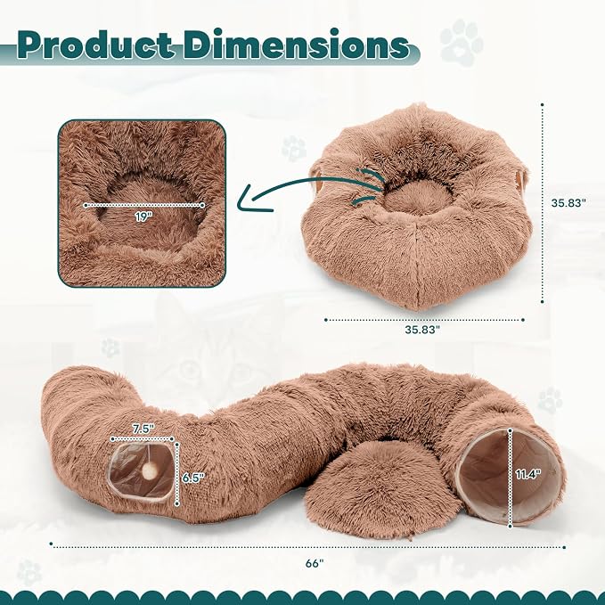 DUMOS Cat Tunnel Bed for Indoor Cats, Cave Donut Play Tunnel - Brown | Soft Plush Peekaboo, Washable Circle Cushion, Multifunctional Playground Under Tree Toys for Kittens, Puppy, Rabbit, Ferret - Image 5