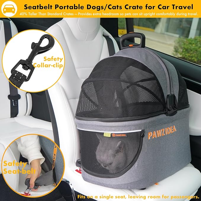 PAWZIDEA Portable Small Dog Crate for Car Travel Up to 33lbs, No-Zip Canopy | Enclosed Dog Car Seat Escape-Proof, Soft-Sided Small Medium Puppy Cats Car Kennel, Foldable Pet Carrier by Seatbelt, Top-Load - Image 3
