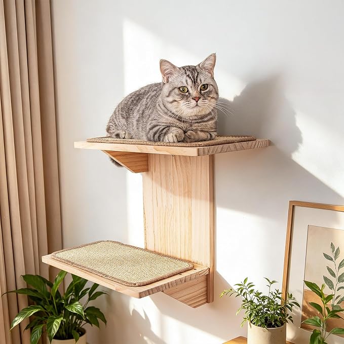 Cat Wall Shelves, 2 Platform Cats Walls Furniture, Tree Shape Kitten Floating Shelf with Sisal Mat Perch, Solid Pine Wood, Suitable for Climb, Play, Nap - Image 6