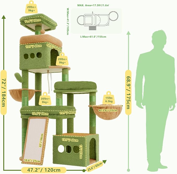 Heybly Cat Tree 72.4-Inch Anti-Tip Cat Tower with Spacious Perches HCT060GY | All-in-One Cat Furniture for Large Cats, Multiple Interactive Areas, Extra-Large Sisal Scratching Board, Green and Yellow - Image 5