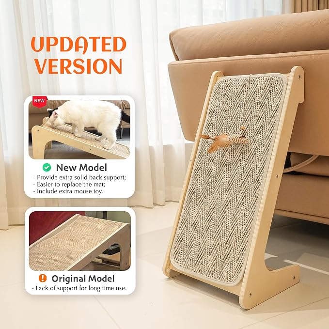 PETKARAY L Shape Cat Scratcher, Sisal Scratching Ramp, Chevron Scratching Pad for Indoor Cats, 27" Wall Furniture Protector with Mouse Toy - Image 2