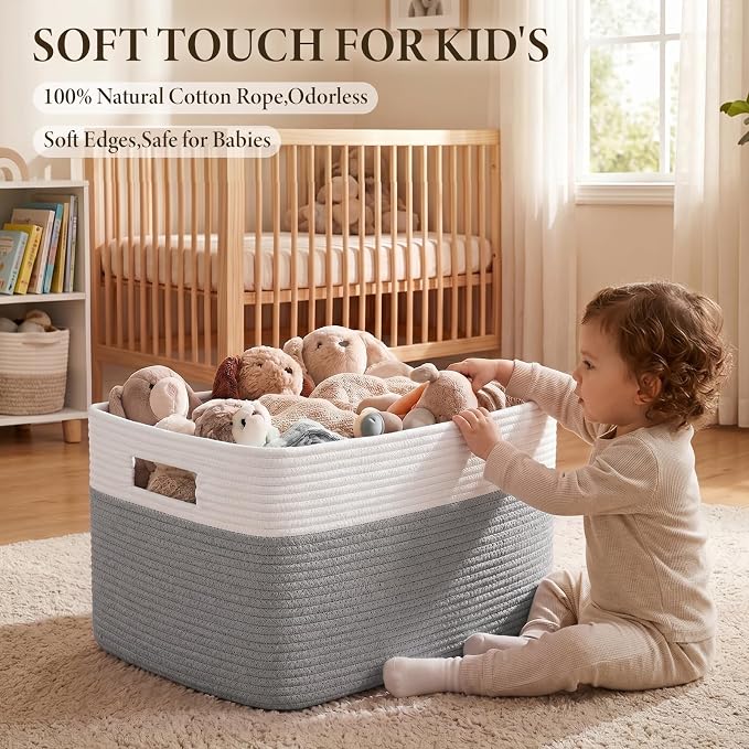 75L Large Cotton Rope Basket, Soft Toy Storage Bin for Nursery & Living Room, Decorative Blanket Basket for Bedroom, Baby-Safe Organizer for Pillows &Laundry, 22''×17''×12'', Grey and White - Image 5