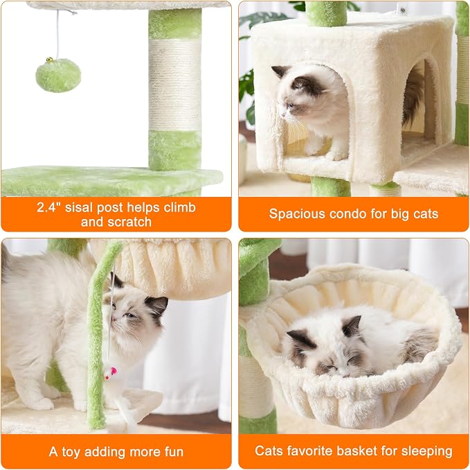 Heybly Cat Tree with Toy, 43.3 inch Cat Tower for Indoor Cats HCT004SGM | Cat Condo with Durable Sisal Scratching Posts, Cat House with Padded Plush Perch, Cozy Hammock, Green and Beige - Image 5
