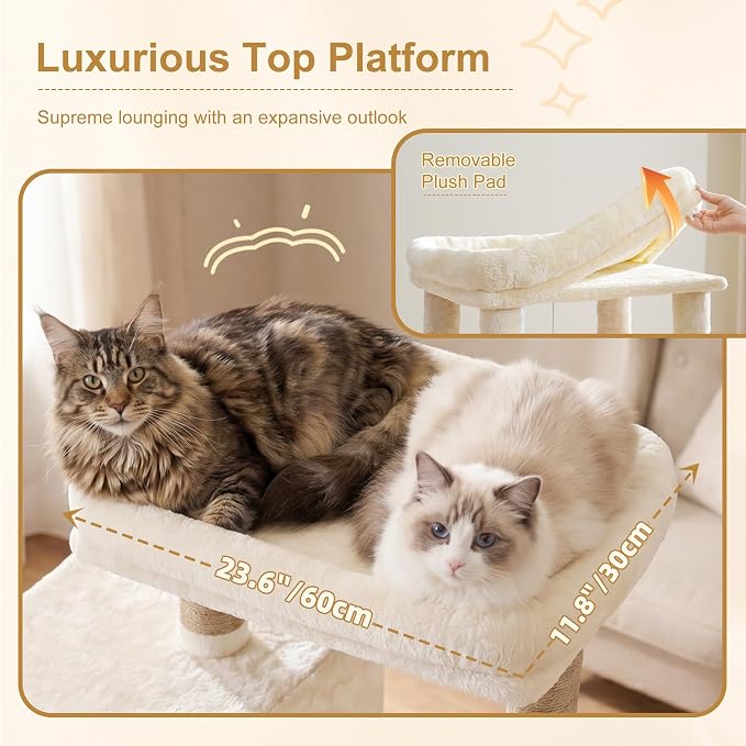Heybly 68.1" Cat Tree with Oversized Top Platform & Wide Base HCT059MJ | Heavy Duty Cat Tower for Large Indoor Cats with 2 Condos, 2 Hammocks, 10 Sisal Scratching Posts, Stable Cat House, Beige - Image 6