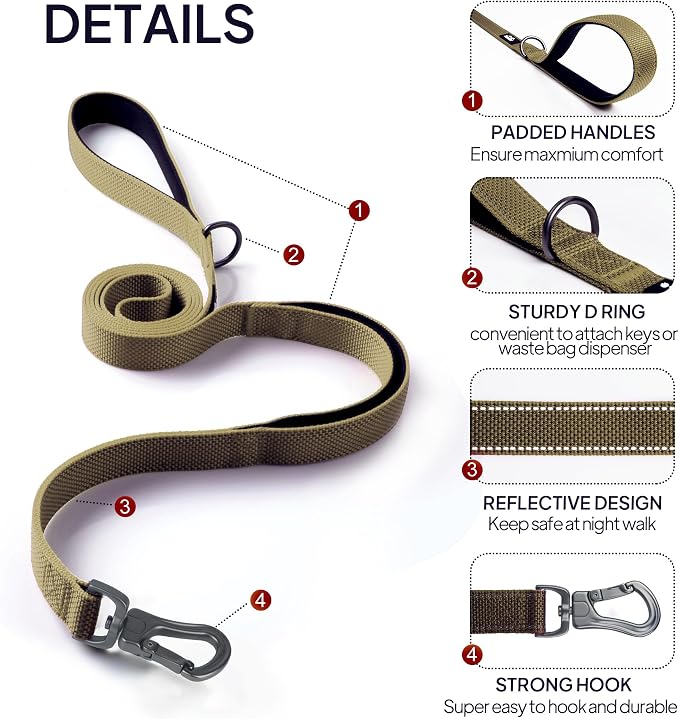 Twoear 6FT 1IN Heavy Duty Dog Leash for Large Dogs with 2 Padded Handles | Traffic Handle Extra Control, Auto Lock Hook, Strong Reflective Walking Leash for Night Safety, Medium and Large Breeds,Brown - Image 2