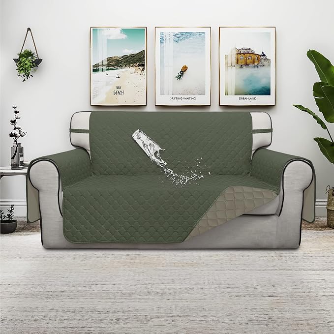 ISSUNTEX Double Protection 100% Waterproof Loveseat Sofa Covers for Living Room, Couch Covers for 2 Cushion Couch, Reversible Furniture Protector Sofa Cover for Dogs (Loveseat, Greyish Green/Beige) - Image 2