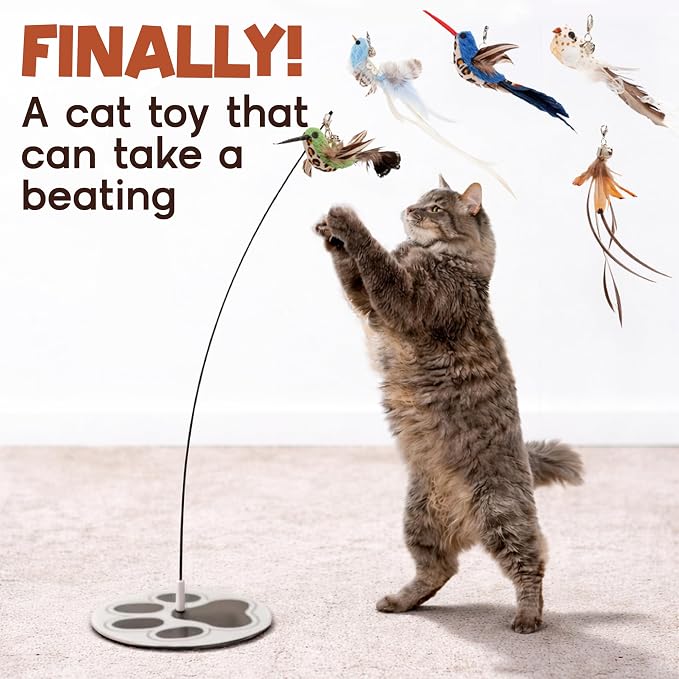 Interactive Cat Toys for Indoor Cats: Flying Bird Cat Toy Wand 5 Attachmets | Trigger natural hunting instincts! The no-topple base secures 5 bird feather lures for vigorous, active play. - Image 9
