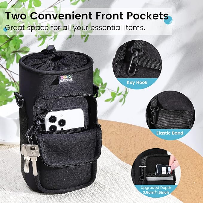 Nuovoware Water Bottle Carrier Bag, 40oz Bottle Pouch Holder, Adjustable Shoulder Hand Strap 2 Pocket Sling Neoprene Sleeve Sports Accessories for Hiking Travelling Camping, BlackCarbon - Image 3