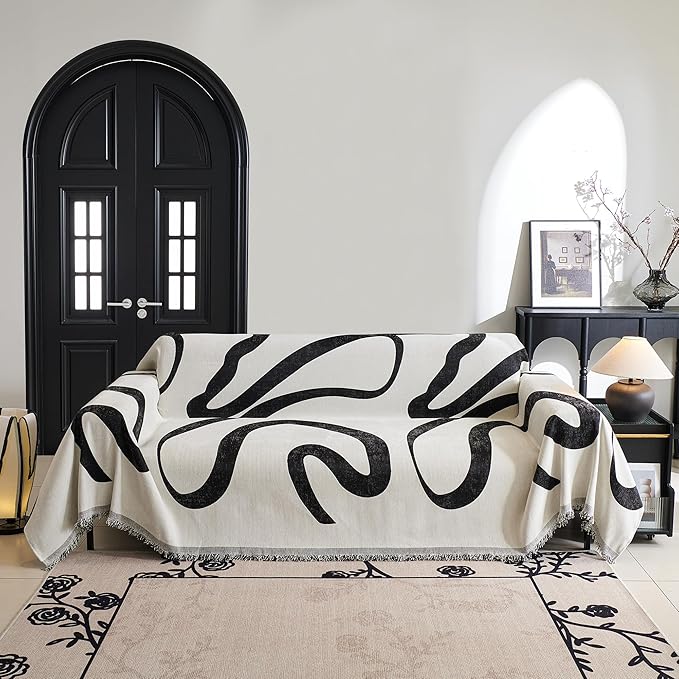 MYSKY HOME Couch Cover for 3 Cushion Couch Sofa Cover, Super Soft Boho Couch Covers for Dogs Washable, Jacquard Sofa Slipcover Furniture Protector for Living Room, 91" x 118", Black Curve - Image 2