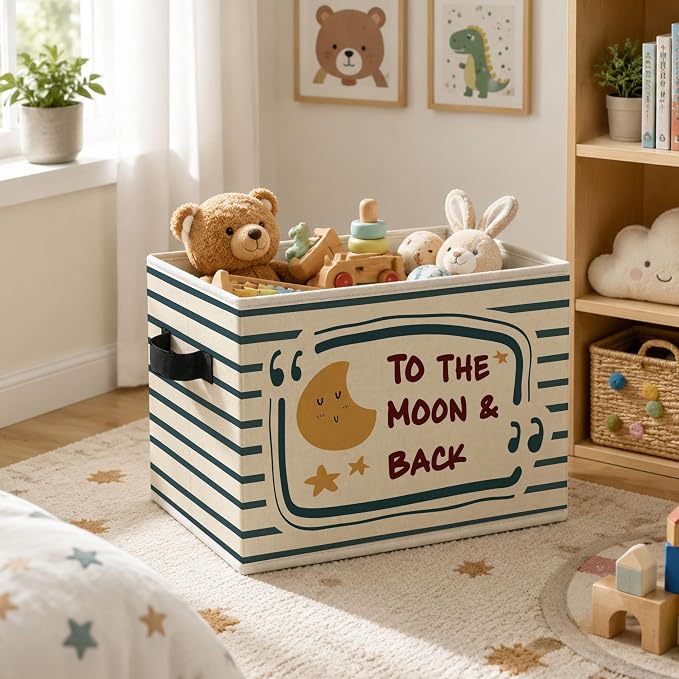 To The Moon Back Storage Bins Box with Handles, Calming Collapsible Storage Basket, Moon Stars Foldable Basket for Organizing Playroom Nursery Bedroom Toys Books Clothes - Image 2