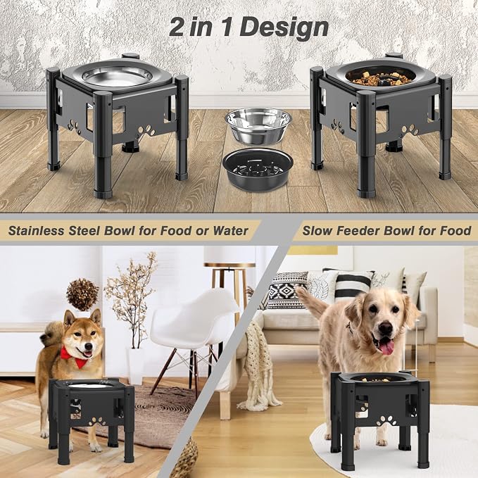 Lewondr Elevated Slow Feeder Dog Bowls with 3 Heights Adjustable Stand | Stainless Steel & Slow Feeder Bowls, Adjustable Dog Slow Feeder Bowl Non-Slip Dog Bowl Stand for Medium Large Breed - Image 2