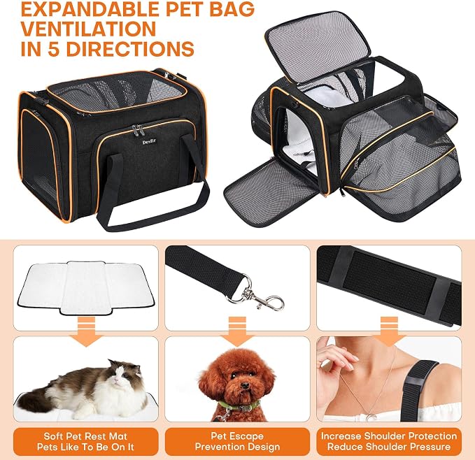 Pet Carrier, Large Soft Sided Expandable Travel Carrier with Steel Frame, Anti-Scratch Mesh, Removable Fleece Pad and Pockets for Cats, Dogs and Small Animals up to 15 lbs (Black, 5 Sides Expandable) - Image 4