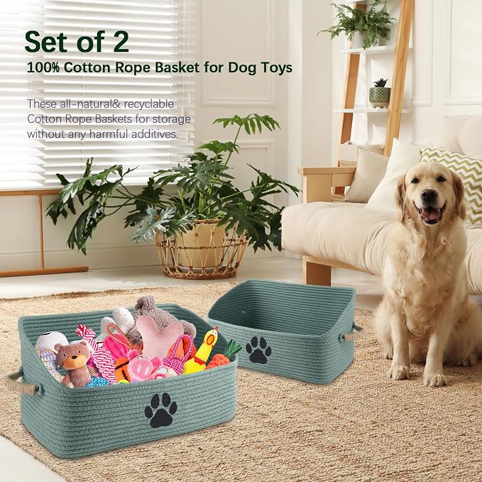 2 pack Woven Dog Toys Basket, 100% Cotton Rope Dog Toy Box for Living Room Area, Trapezoid Pet Toys Bin with Sturdy Handle, Puppy Bed, Green Baskets for Pet Toys/Collar/Leash/Blanket - Image 2