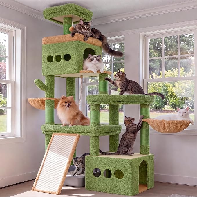 Heybly Cat Tree 72.4-Inch Anti-Tip Cat Tower with Spacious Perches HCT060GY | All-in-One Cat Furniture for Large Cats, Multiple Interactive Areas, Extra-Large Sisal Scratching Board, Green and Yellow by HEYBLY