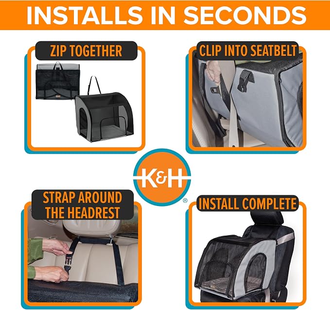 K&H Dog Car Seat, Travel Safety Carrier for Pets, Medium, Gray/Black | Enclosed Car Seat for Dogs, Soft-Sided Covered Pet Carrier, Washable Pad, Multiple Entrances, Mesh Windows, 24x19x17in - Image 6