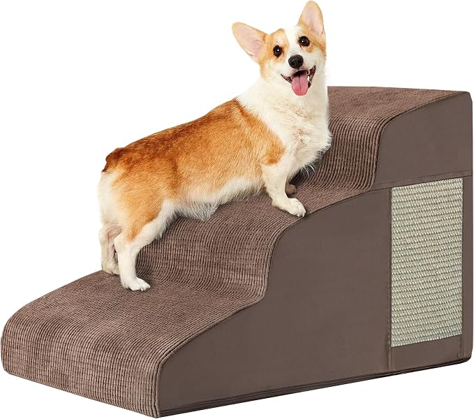 Dog Stairs for Small Dogs 15.7" H, Dog Ramp for Bed, 3-Step, Coffee | Dog Steps for Bed, Couch, Pet Stairs with Non-Slip Bottom Design, Cat Scratching,High Density Foam Portable Pet Steps, Indoor by Ahpmeoa