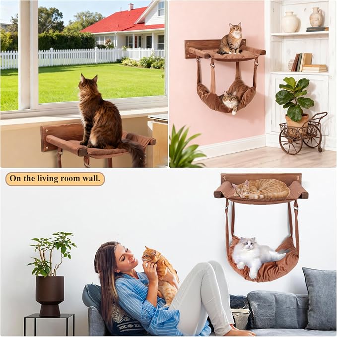 JSPYFITS Wooden Cat Furniture Wall Mounted, Double Layer Hammock, Large Size 18.9″ Removable Multi-Function Cat Bed for Sleep/Play/Climb, Kitten Window Perch, Easy DIY Installation(Brown) - Image 7
