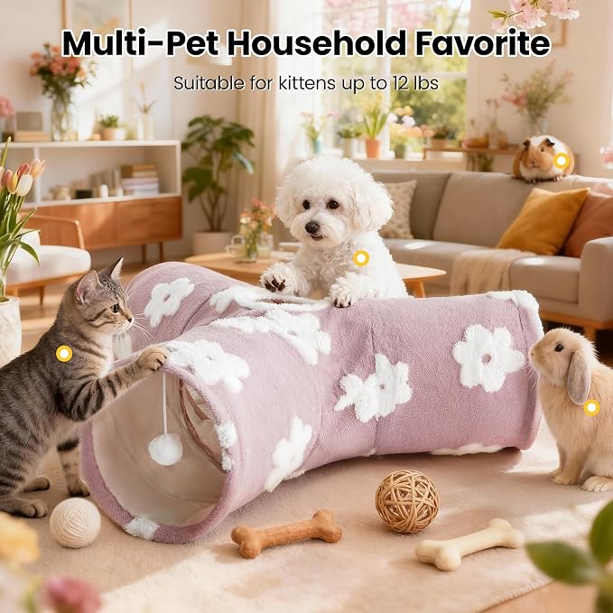 Tempcore Flannel Cat Tunnel for Indoor Cats, 3 Way Collapsible Pet Play Tunnel with Teaser Wand, Peek Holes & Hanging Ball, Interactive Tube for Kittens & Rabbits, Daisy Burlwood - Image 3