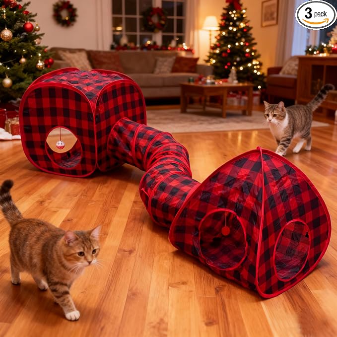 Cat Tunnels for Indoor Cats with Cube Tent Toys Combo, Interactive Collapsible Tent for Hiding Hunting and Resting, Pet Tube with Toy Bell for Kitten, Rabbit, Puppy, Ferret - Set of 3 by GONPETGP