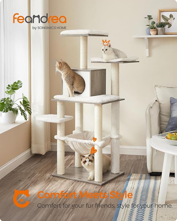 Feandrea Cat Tree, 56.3-Inch Modern Cat Tower, Multi-Level Plush Condo with Scratching Posts, Hammock, Washable Cushion, Heather Greige UPCT164G01 - Image 2