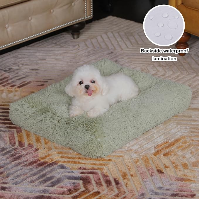 Bedfolks Waterproof Dog Crate Bed, Plush Small Dog Pad, 17"x12", Sage Green | Faux Fur Plush Cover, Zippered Removable Washable Outer, Waterproof Inner Lining, Non-Slip Base, Crate Pad and Dog Pillow - Image 2