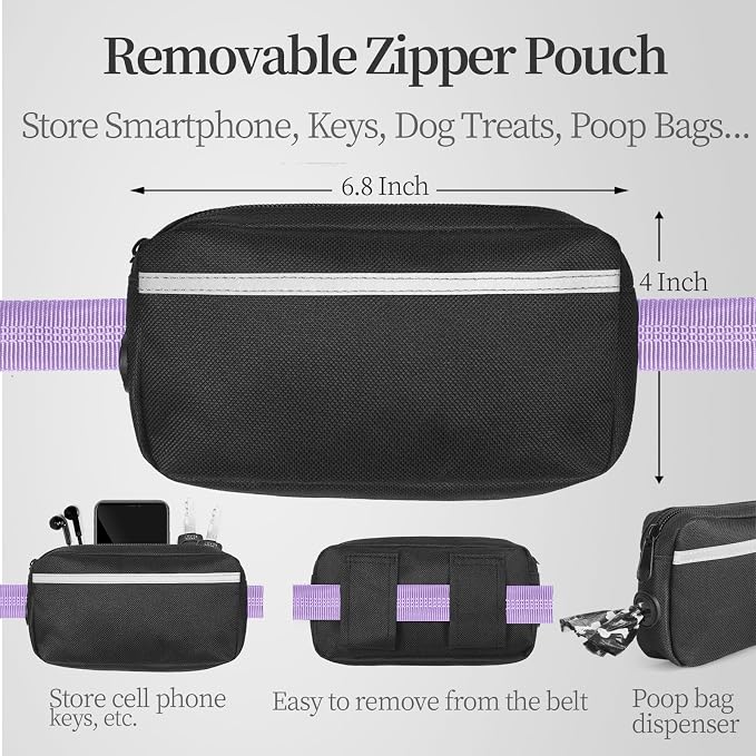 Hands Free Dog Leash with Zipper Pouch, Lavender, 8-25 lbs, Medium | Waist Leash, Dual Padded Handles, Shock-Absorbing Bungee, Adjustable Waist Belt, Walking and Running - Image 3