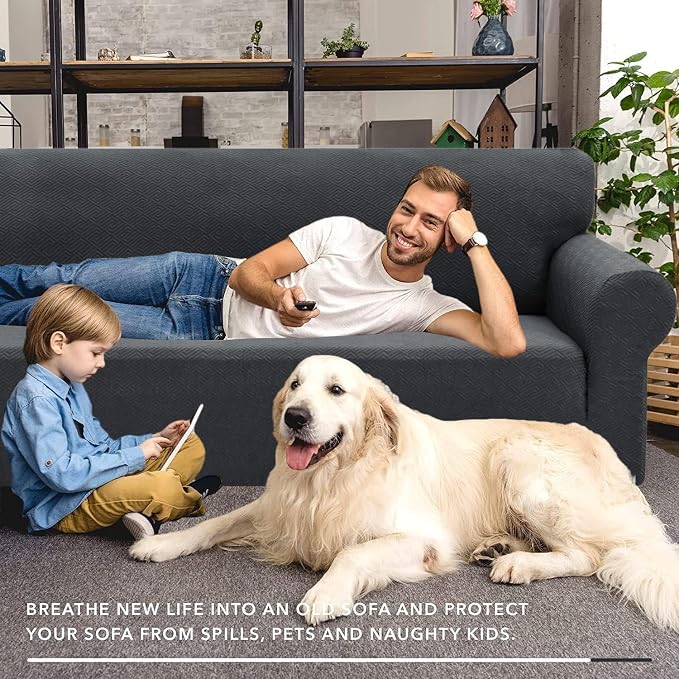 XINEAGE Stretch Jacquard XL Sofa Cover, Non Slip Sofa Slipcover for Dog | High-Stretch Fabric. Wear-Resistant, Pet Friendly. Easy Install & Washable for Living Rooms, Offices.Dark Gray - Image 4