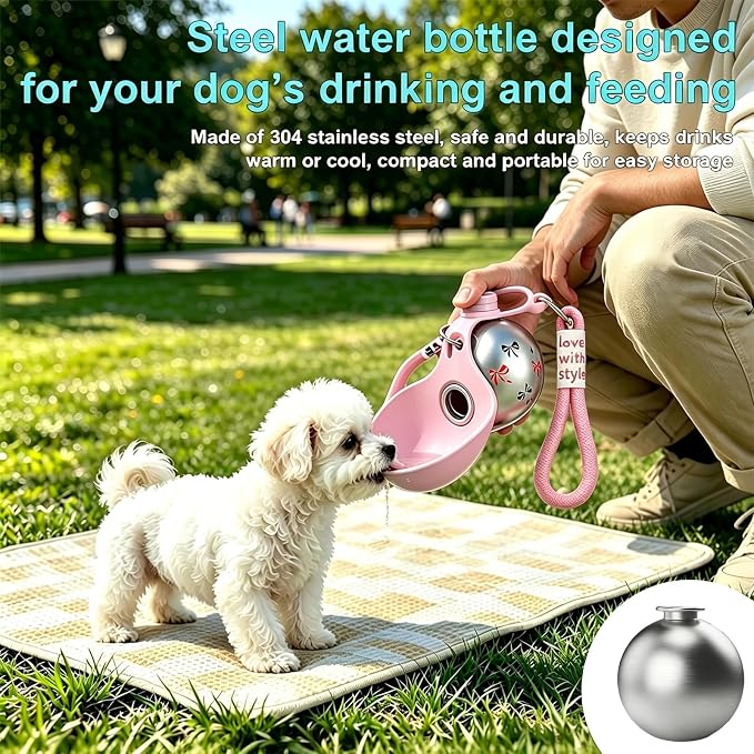 Portable Dog Water Bottle, Flip-Top Silicone Bowl Design, Insulated Hot & Cold Retention Material, One-Hand Leakproof Use, Perfect for Walking & Hiking, 10oz (Pink, Printing) - Image 3