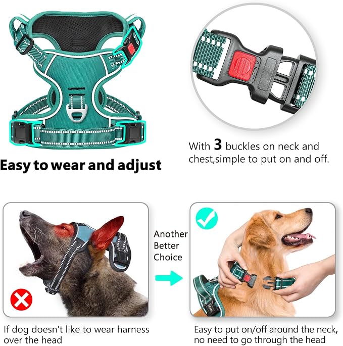 Timos Small Dog Harness, No Pull No Choke, Easy On & Off, Grass Green, S | Adjustable Reflective Soft Padded, Neck Quick Release with 3 Buckles, Front & Back 2 Clips and Handle for Walking Training - Image 2
