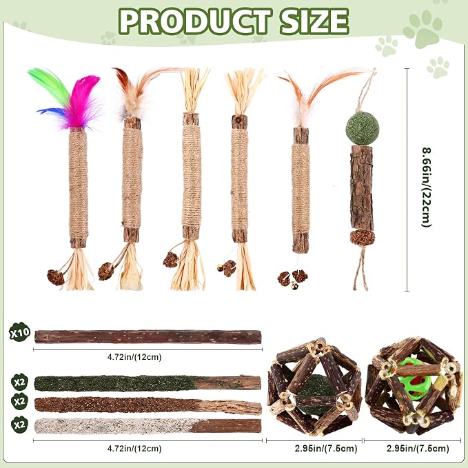 WOUSEDO 24 Pack Catnip Chew Toys with Silvervine Sticks for Cats | Natural cage balls & bell balls for indoor cats. Helps teeth cleaning, satisfies chewing instinct. Great for kittens & cats. - Image 6