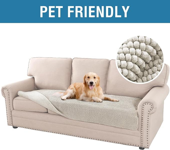 H.VERSAILTEX Plush Chenille Dog Bed Cover Thick Soft Sofa Cover for 3 Cushion Couch Anti Slip Couch Cover Furniture Protector for Dog, Pet, Cat (35" x 74", Oatmeal) - Image 3