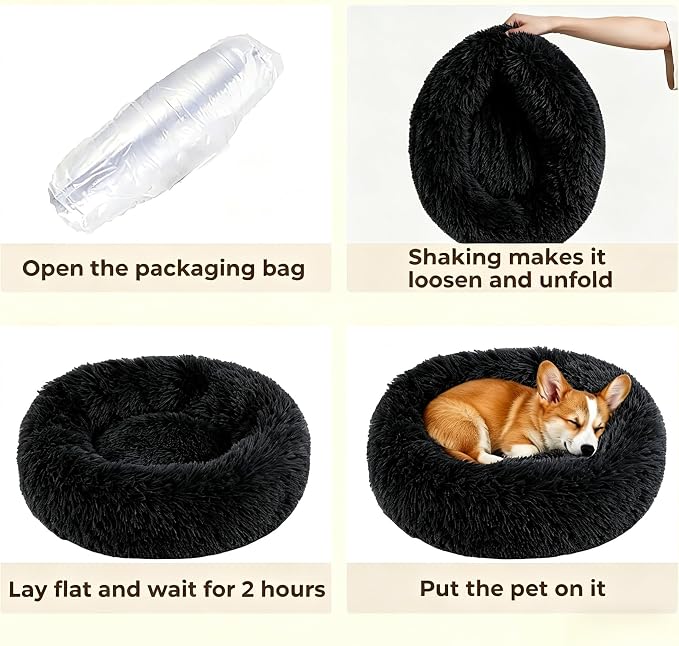 Calming Donut Dog and Cat Bed for Indoor Cats, Anti-Anxiety Round Fluffy Soft Washable Small Pet Bed for Puppy and Kitten, Warming Comfortable Luxury Anti-Slip Waterproof Mute Base 20in Black - Image 7